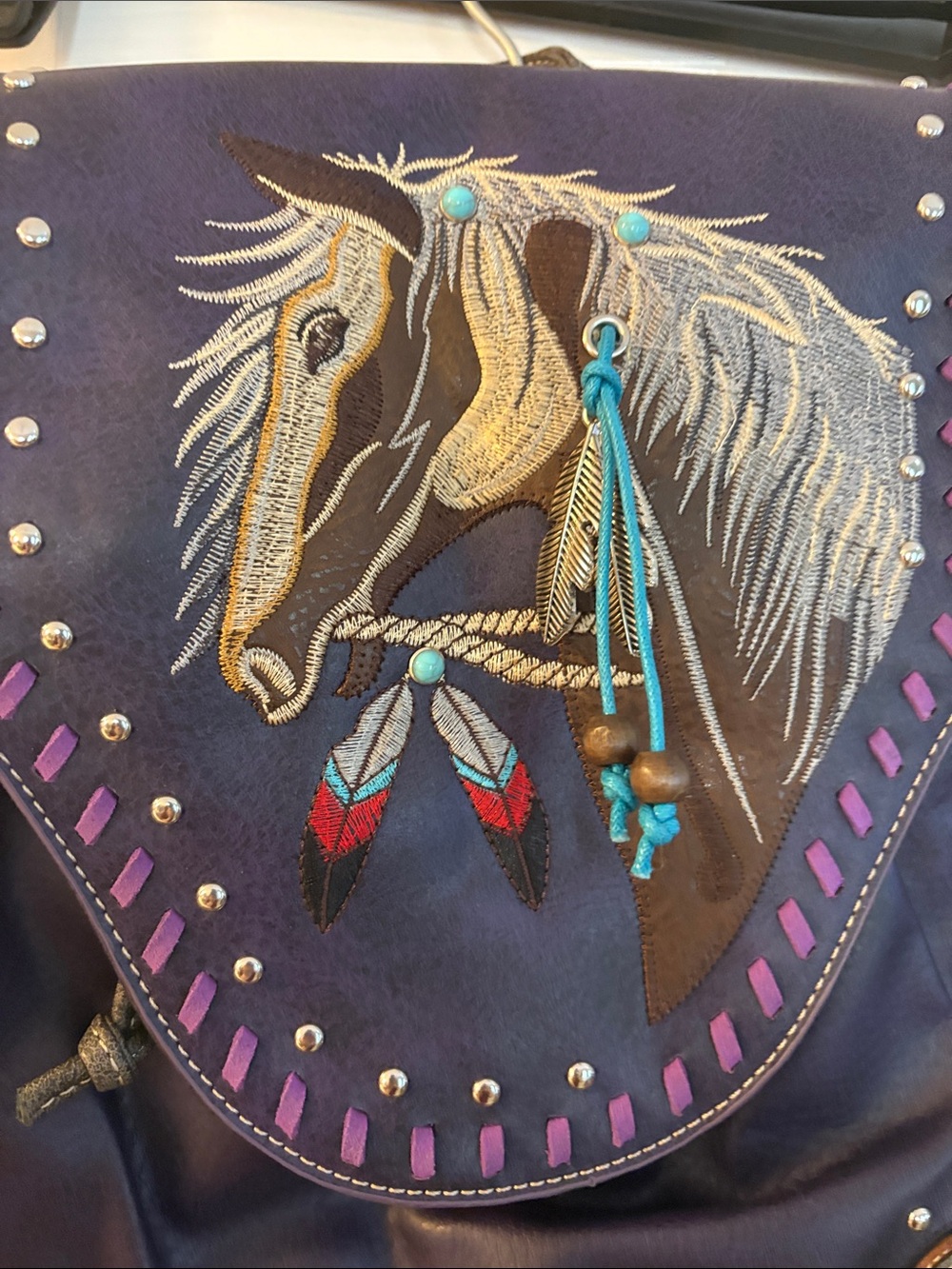 619 Purple Horse Embroidered Women's Backpack Purse - Picture 2 of 8